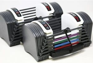 Powerblock Selectorized Dumbbells-Sport 2.4 Set with both next to each other.