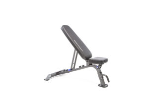 An adjustable weight bench with a black cushioned seat and backrest on a sturdy gray metal frame against a white background.