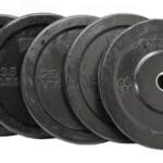 Troy Barbell Olympic (2") Rubber Bumper Plates-Black 10 pounds, 15 pounds, 25 pounds, 35 pounds, and 45 pounds.