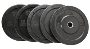 Troy Barbell Olympic (2") Rubber Bumper Plates-Black 10 pounds, 15 pounds, 25 pounds, 35 pounds, and 45 pounds.