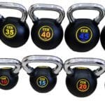 Front side of Troy Barbell Club Kettlebells 8 to 50 pounds.