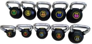 Front side of Troy Barbell Club Kettlebells 8 to 50 pounds.
