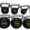 Back side of Troy Barbell Club Kettlebells 8 to 50 pounds.