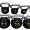 Back side of Troy Barbell Club Kettlebells 8 to 50 pounds.