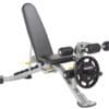 Hoist Leg Extension/Curl Attachment with weight plate on workbench with back in inclined position.
