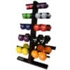 Troy Barbell VTX Vinyl Coated Dumbbells from 1 to 10 pounds on weight rack.