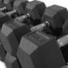 Inspire Rubber Hex Dumbbell Set with 50 pound, 45 pound, and 40 pound on top of other weights.