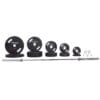 Inspire Fitness 300 lb. Urethane Olympic Set with bar, two clips, 2 2.5 pound plates, 4 5 pound plates, 4 10 pound plates, 4 25 pound plates, and 2 45 pound plates.