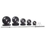 Inspire Fitness 300 lb. Urethane Olympic Set with bar, two clips, 2 2.5 pound plates, 4 5 pound plates, 4 10 pound plates, 4 25 pound plates, and 2 45 pound plates.