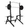 Inspire Squat Rack with bar and plates in gun rack hooks.