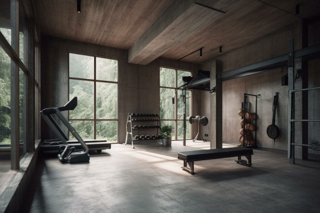 A modern, minimalist home gym with large windows, featuring a treadmill, free weights, a workout bench, and a cable machine.