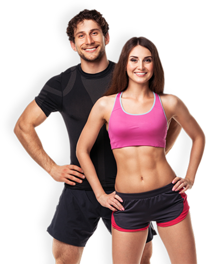 Fit man and woman in athletic attire smiling confidently, representing health, fitness, and active lifestyle