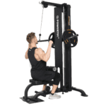 Powertec Lat Machine with two weight plates and seat in straight position with Model doing lat pulls.