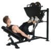 Powertec Leg Press with weight plates and Model extending legs.