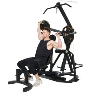 Powertec Workbench Levergym in black with two weight plates and back at inclined position with Model doing independent arm presses.
