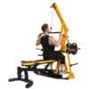 Powertec Workbench Levergym in yellow with two weight plates and back seat level with Model doing lat pulls.