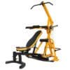 Powertec Workbench Levergym in yellow with no weights and squat bar attachment and back at inclined position.
