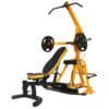 Powertec Workbench Levergym in yellow with two weight plates and back at inclined position.