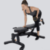 Powertec Workbench F.I.D. Utility Bench with back and seat flat and Model doing left handed shoulder row.