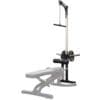 Powertec Workbench Lat Tower Attachment in workbench with two weight plates.