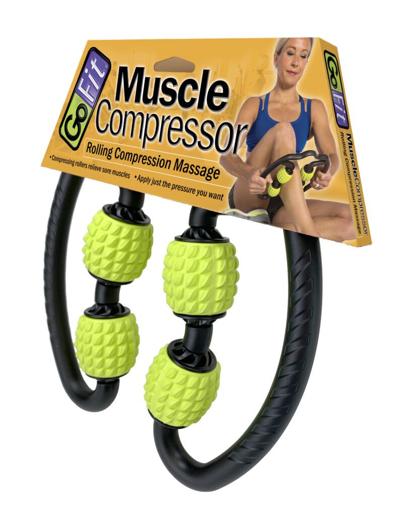 A muscle compression roller with two textured yellow massage balls, designed for deep tissue muscle relief.