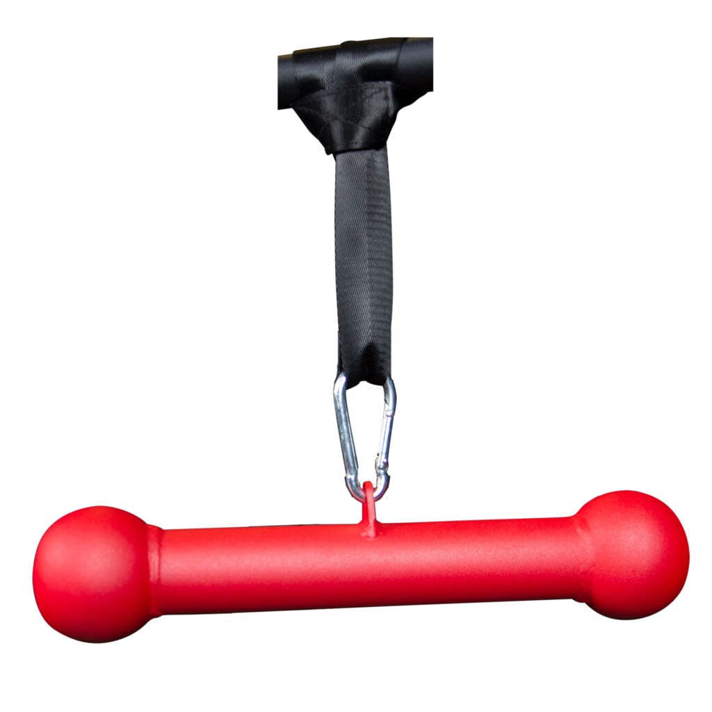 Red horizontal bar with rounded ends, attached to a black strap, used as gym equipment for grip and strength training.