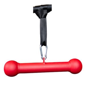 Red horizontal bar with rounded ends, attached to a black strap, used as gym equipment for grip and strength training.