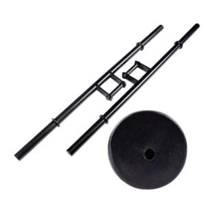 Black gym barbell set with a center grip attachment and round weight plate, used for strength and resistance training.