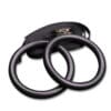 Black gymnastic rings with adjustable straps, designed for bodyweight exercises and strength training.
