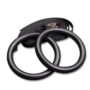 Black gymnastic rings with adjustable straps, designed for bodyweight exercises and strength training.