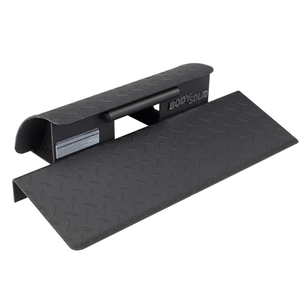 A black metal deadlift jack with a handle and wide base for easy barbell lifting and weight plate loading.