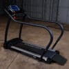 A black treadmill with curved handrails and a digital console for workouts, set against a white background.