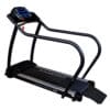 A black treadmill with curved handrails and a digital console for workouts, set against a white background.