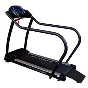 A black treadmill with curved handrails and a digital console for workouts, set against a white background.