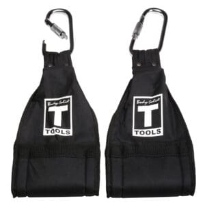 Pair of black hanging ab straps with carabiners and 'T' logo, designed for core and abdominal exercises in gyms.