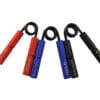 Three metal grip strengtheners in red, blue, and black with coiled springs, designed to improve hand and forearm strength.