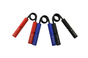 Three metal grip strengtheners in red, blue, and black with coiled springs, designed to improve hand and forearm strength.