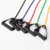Resistance bands in black, blue, red, green, and yellow with black handles for strength training and flexibility exercises.