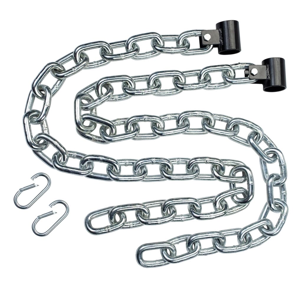 A heavy-duty steel lifting chain with black bar attachments and metal clips for added resistance in strength training.