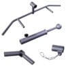 A set of interchangeable barbell attachments for varied strength training exercises, including pull-downs and rows.