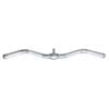 A curved metal cable attachment bar with a center connection and angled grips for upper body strength training.