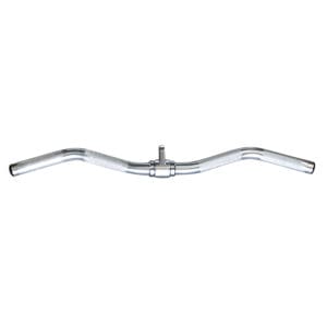 A curved metal cable attachment bar with a center connection and angled grips for upper body strength training.