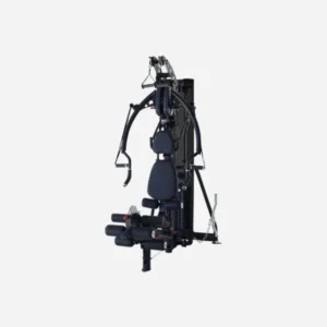 A versatile home gym machine with adjustable components for strength training exercises, including arms, legs, and core.
