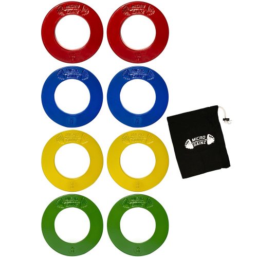 Eight colorful fractional weight plates in red, blue, yellow, and green, neatly arranged with a black storage pouch.