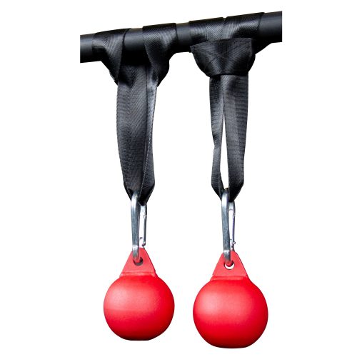 A pair of red spherical grip training tools hang from black straps with metal carabiners, designed to improve grip strength.