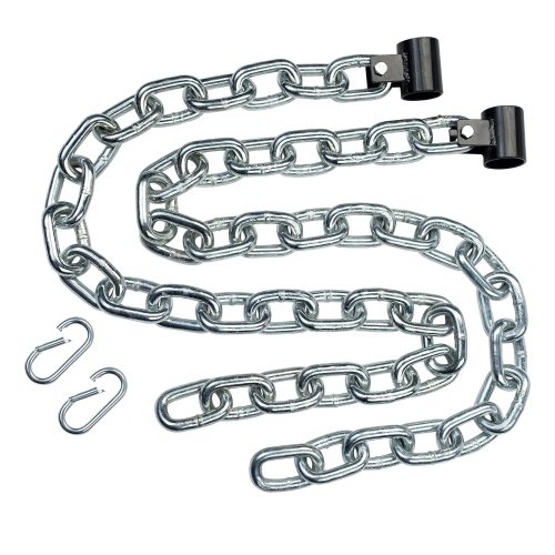 A heavy-duty steel lifting chain with black bar attachments and metal clips for added resistance in strength training.