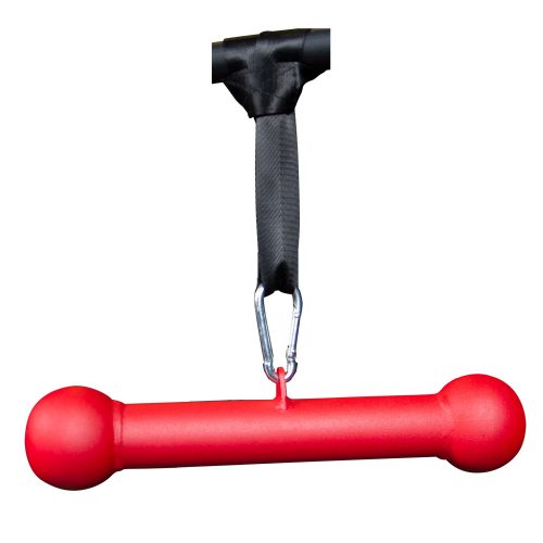 Red horizontal bar with rounded ends, attached to a black strap, used as gym equipment for grip and strength training.