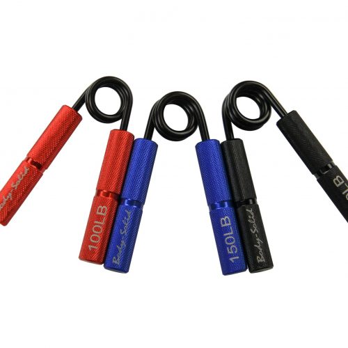 Three metal grip strengtheners in red, blue, and black with coiled springs, designed to improve hand and forearm strength.
