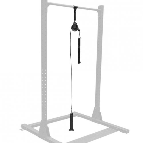 A cable pulley system with a metal frame, adjustable pulley, and handle attachment for strength and resistance training.