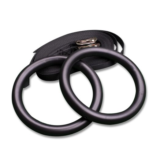 Black gymnastic rings with adjustable straps, designed for bodyweight exercises and strength training.